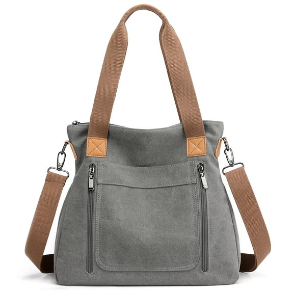 PlasMaller Women's Canvas Tote Purses Work Shoulder Crossbody Bag Vintage Multi-pocket Handbags, Grey