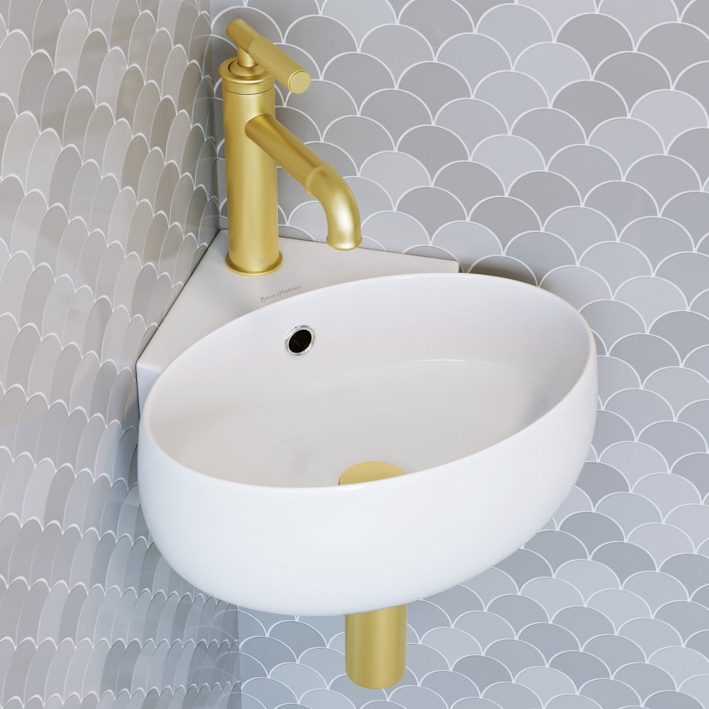White Ceramic Corner Wall-Mount Vessel Sink