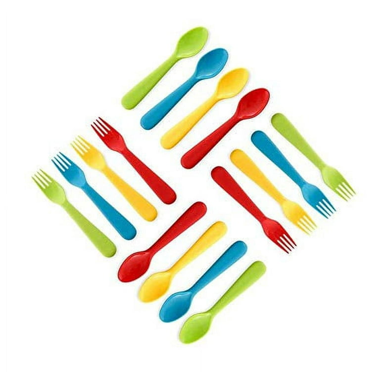 Plaskidy Plastic Toddler Utensils Set 8 Kids Forks and 8 Kids Spoons - BPA Free/Dishwasher Safe Toddler Silverware Brightly Colored Kid Plastic