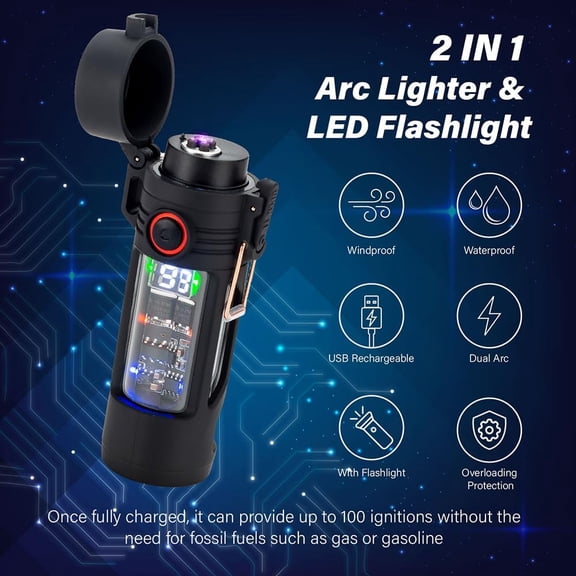 Plasma Arc Lighter with LED Flashlight, Dual Arc Windproof Flameless Lighter, IP65-Rated Water-Resistant, USB-C Rechargeable, Portable for Camping, Hiking, BBQ and Outdoors