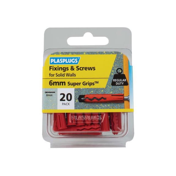 Plasplugs - Solid Wall Super Grips Fixings Red & Screws Pack of 20
