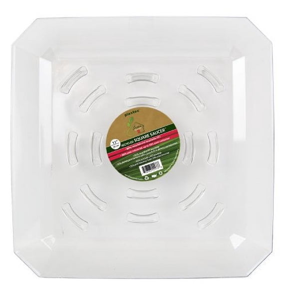 Plastec (#PLISQR111) Square Saucer, Clear Recycled Plastic, 11” Diameter
