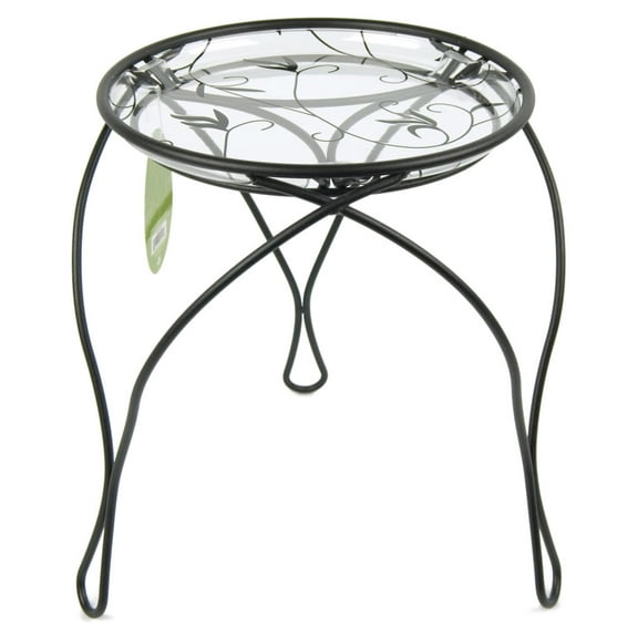 Plastec Elegance Metal Plant Stand with Decorative Plastic Saucer for Indoor or Outdoor Use, Black, 13"