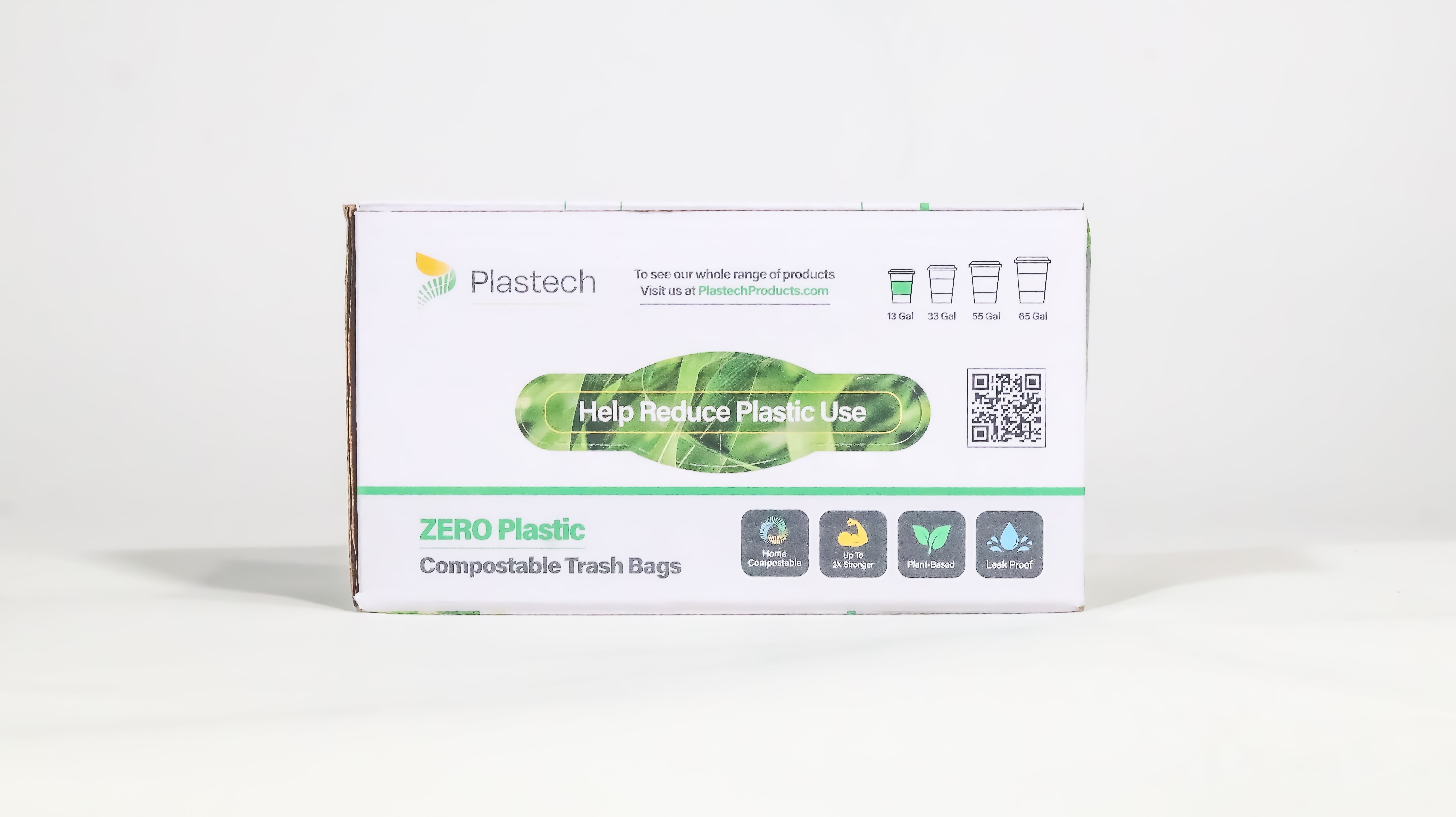 Plastech 13 Gallon Trash Bags with Flap-Tie - ZERO Plastic, 100% Certified Home Compostable, Plant-Based, Kitchen, White, 480 Bags, 23.75 x 28 inches, 12 Retail Boxes