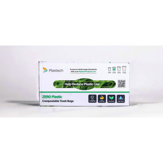 Plastech 33 Gallon Trash Bags with Flap-Tie - ZERO Plastic, 100% Certified Home Compostable, Plant-Based, 32 x 38 inches, White, 240 Bags, 6 Retail Boxes
