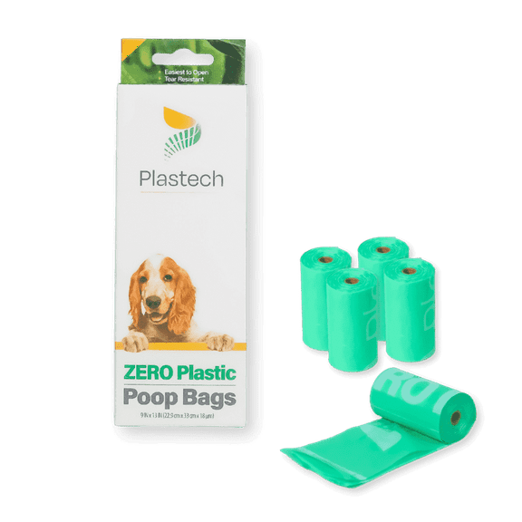 Plastech Dog Poop Bags - 75 Bags, 5 Rolls, Zero Plastic, 100% Certified Home Compostable, Plant-Based, 9 x 13 inches
