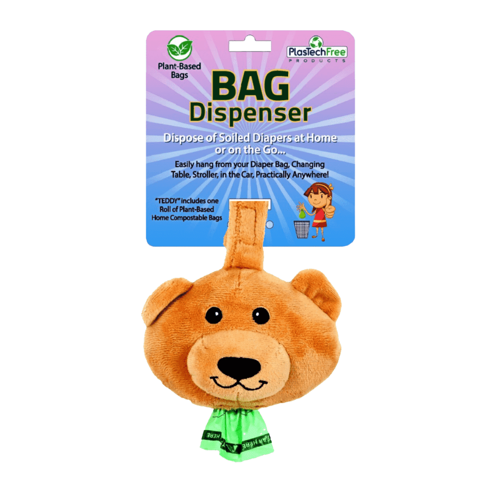 Plastech Plush Bear Diaper Bag Dispenser with 15 Bags - 100% Certified Home Compostable Bags, Plant-Based, 12 Pack, Brown, 5 x 2.5 x 8 inches