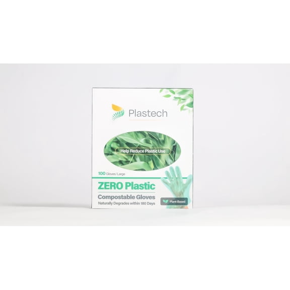 Plastech Single-Use Gloves, Large Size - ZERO Plastic, 100% Certified Home Compostable, Plant-Based, Food Service, Beauty and Janitorial Use, 100 Count