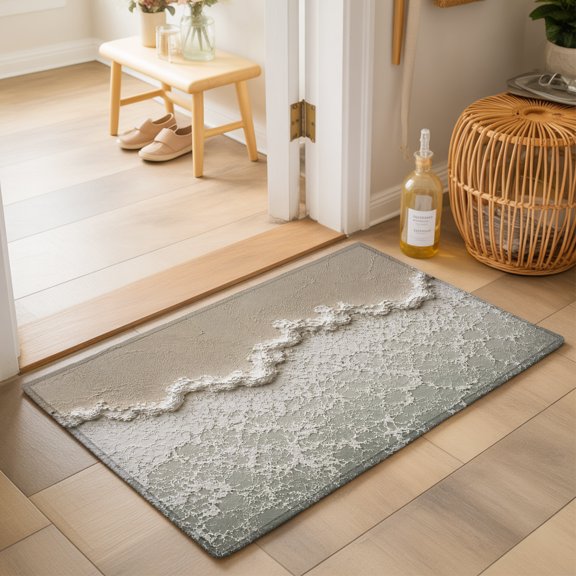Plaster Relief Coastline 2'x3' Small Rugs for Entryway Front Door Kitchen Sink Area, Coastal Raised Wave Ridge Beige Beach Soft Sturdy Mats Washable Non Slip Rectangle Area Rug
