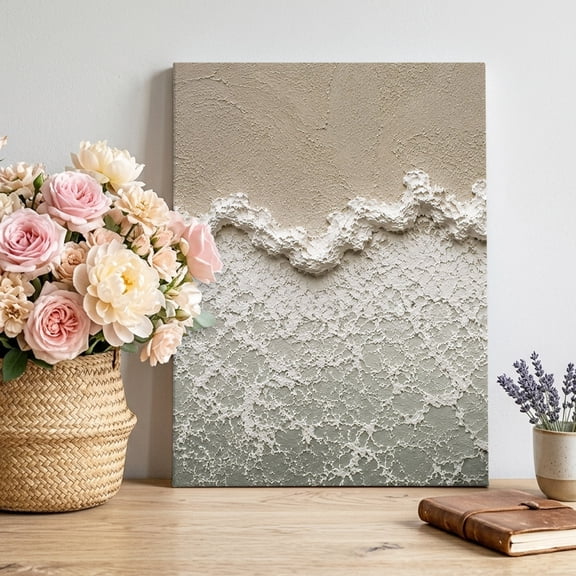 Plaster Relief Coastline Canvas Wall Art, Coastal Raised Wave Ridge Beige Beach Framed Picture Canvas Wall Art Print Decor Artwork Decorations for Living Room Bedroom Ready to Hang 12" x 8"