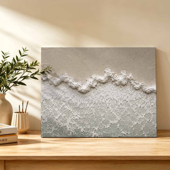 Plaster Relief Coastline Canvas Wall Art, Coastal Raised Wave Ridge Beige Beach Wall Art Prints Artwork Framed Canvas Ready to Hang Art Pictures for Bathroom Bedroom Entry Desk Corner 10" x 8"