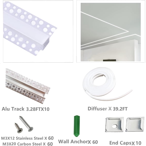 Plaster-in Trimless Ceiling Recessed LED Strip Channel Diffuser 10-Pack 3.3FT,Continuous Silicone Cover with Bilateral Upper Flange,Wide Aluminum Drywall Track (10X3.28FT, Bilateral Upper-Flanged)