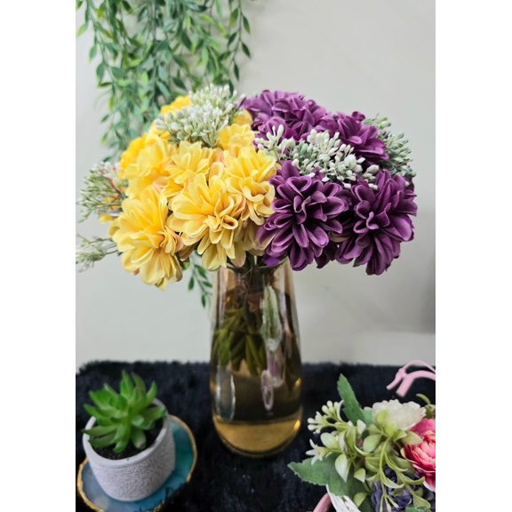 Plastic 1 Bunch Dahlia Artificial Flower Bunch Fake Flowers, Yellow & Purple Color | For Gifting, Home, Office, Bedroom, Party Decoration Items Flowers For Vase | Without Vase Pot - 2 Piece