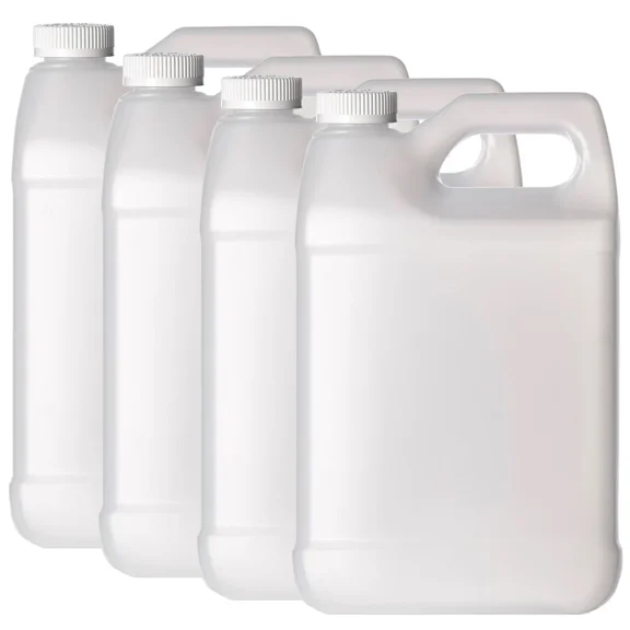Plastic 1 Gallon Jug, F-Style, 38/400, Natural, HDPE, Jug w/ HIS Child Proof Cap (128oz) 4 Pack
