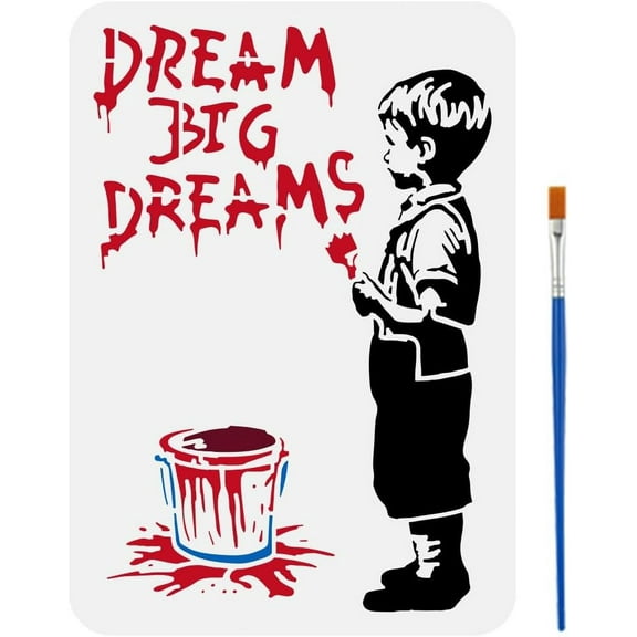 Plastic 1 pc Big Dreamer Stencil for Painting 8.3x11.7inch Hollowed Banksy Graffiti Template with Brush Dream Big Dreams Painting Stencil Boy Dreams Stencil Banksy Theme Template for DIY Crafts