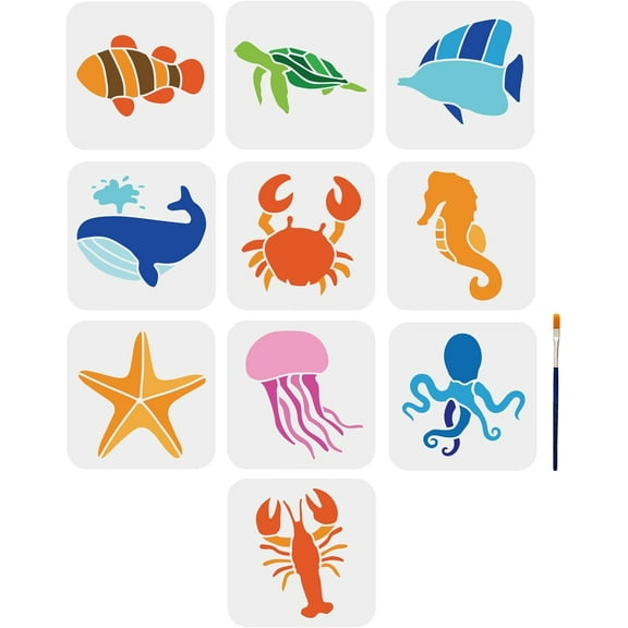Plastic 10pcs Sea Ocean Creatures Stencils 6×6inch Sea Life Stencils with Paint Brush Summer Sea Turtles Whales Crabs Seahorses Starfish Jellyfish Templates for DIY Crafts Wood Home Decor Plastic