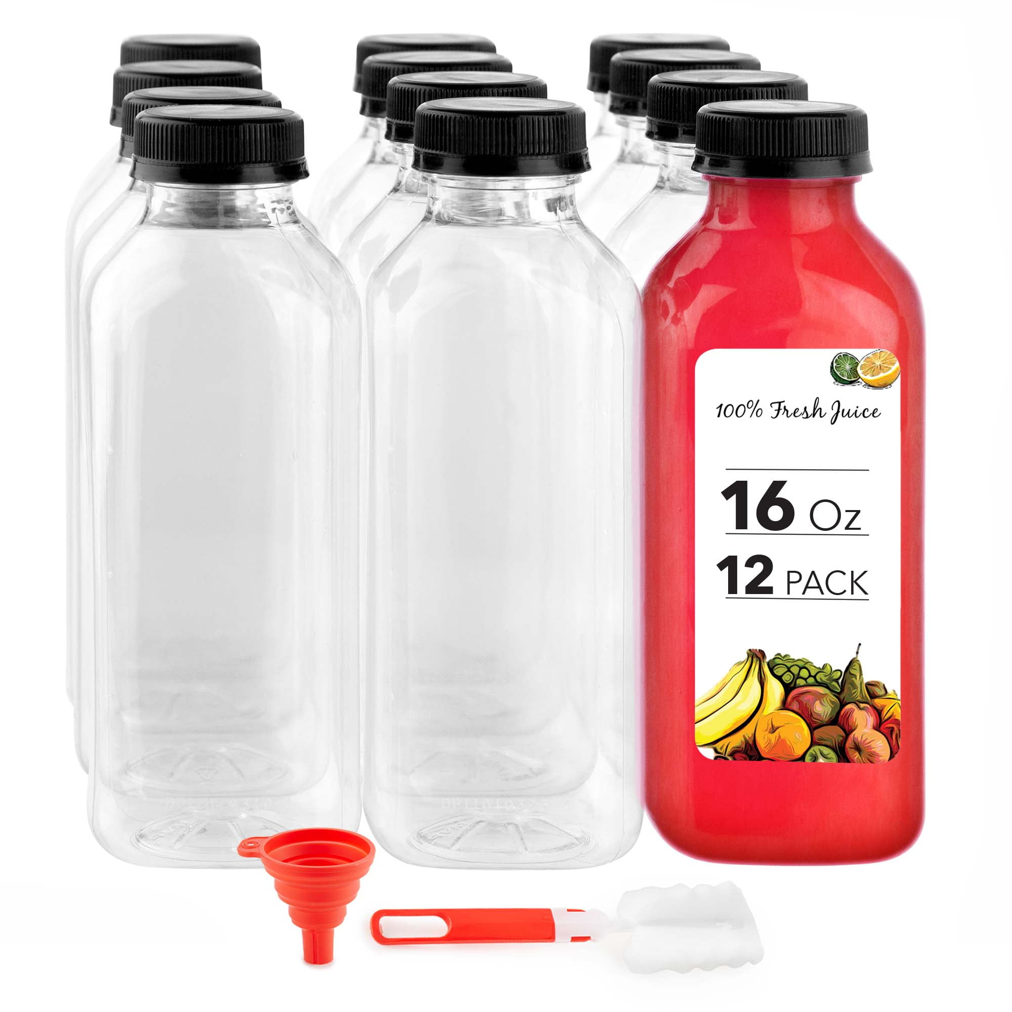 Plastic 16oz Reusable Juice Bottles with Caps, 12 Pack, Clear