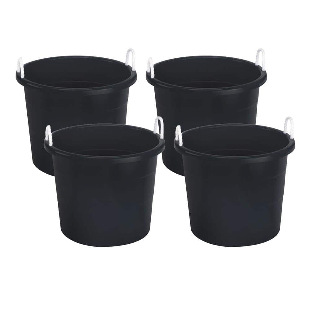 Plastic 17 Gal. Utility Storage Bucket Tub with Rope Handle, Black, 4Pack