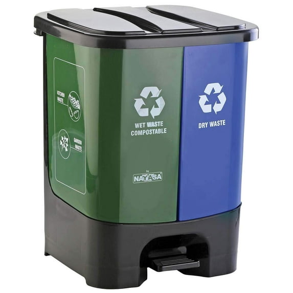 Plastic 2 In 1 Dustbin Small | 19 Liter | Pedal Dustbin | With Lid and Detachable Bin | Garbage Waste Bin with Handle | Dustbin for Kitchen-Bathroom | Wet & Dry Waste Bin | Green & Blue