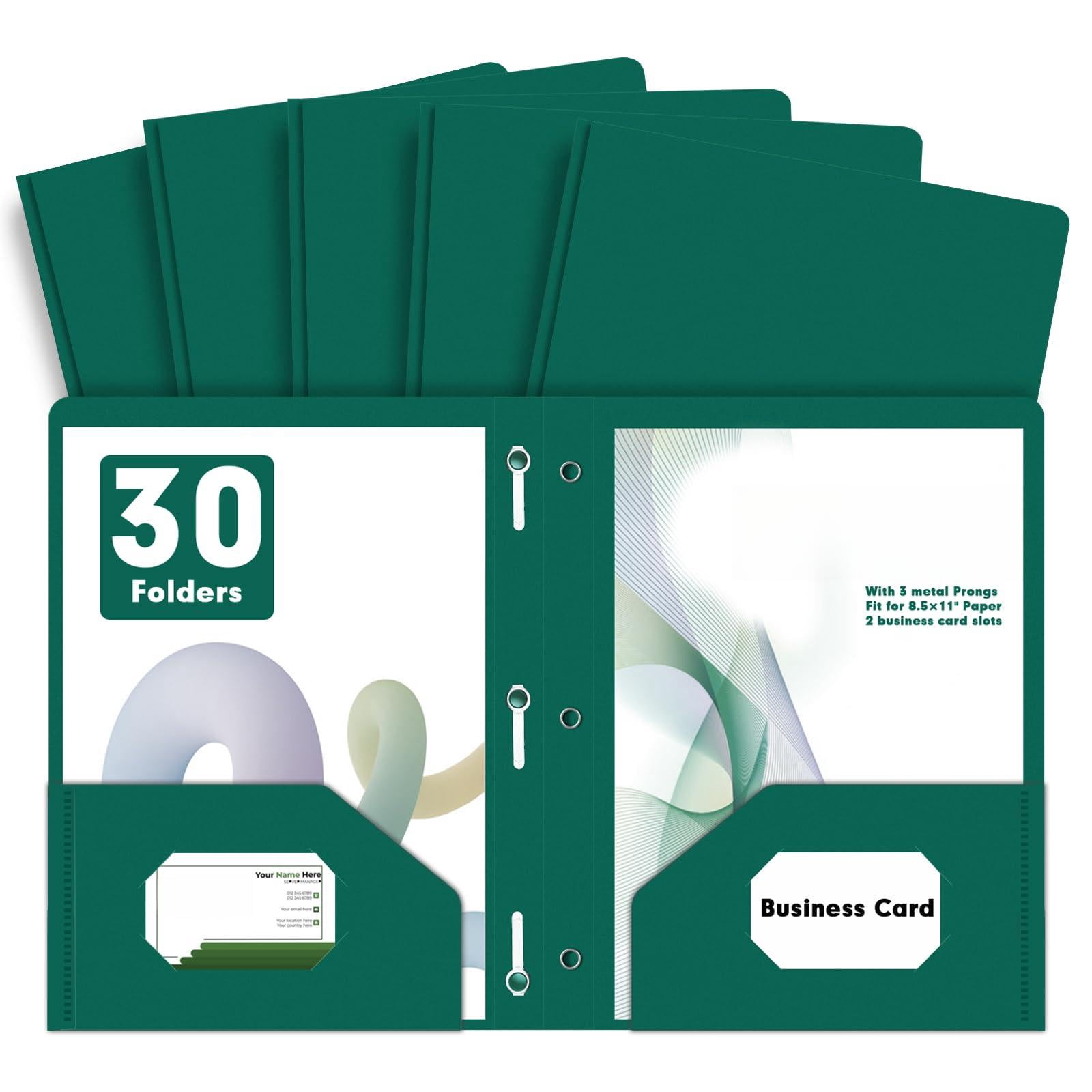 Plastic 2 Pocket Folders With Prongs  30 Pack Heavyweight Letter Size Poly 3 Metal Fastener Clips (green)