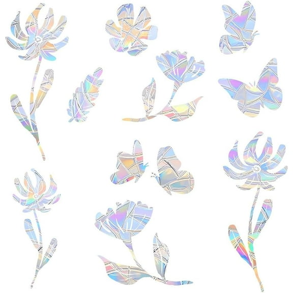 Plastic 2 Sheets 22Pcs Butterfly Flower Window Clings Non Adhesive Reusable Vinyl Rainbow Window Stickers Suncatcher Anti-Collision Prismatic Glass Decals