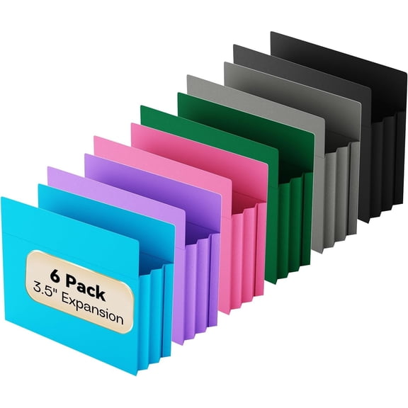 Plastic 3.5" Expanding File Pockets Extra Capacity,6 Pack Poly File Pockets Letter Size, Heavy Duty Expandable File Jacket Folder,File Jacket for Bulky Files, Colors