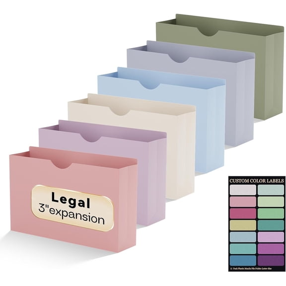 Plastic 3 Inch File Jackets Legal Size,12 Pack Manilla Pocket Folder | Expandable File Jackets for Document,Poly Job Folders File Jacket,Heavy Duty Expansion Pocket,Straight Cut Tabs,Pastel Color