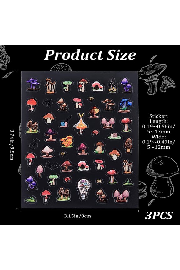 Plastic 3 Sheets 3D Mushroom Nail Art Stickers Self Adhesive Embossed Nails Design Decals Cute Elf Butterfly for Women Colorful DIY Manicure Supplies Decoration Accessories Charms