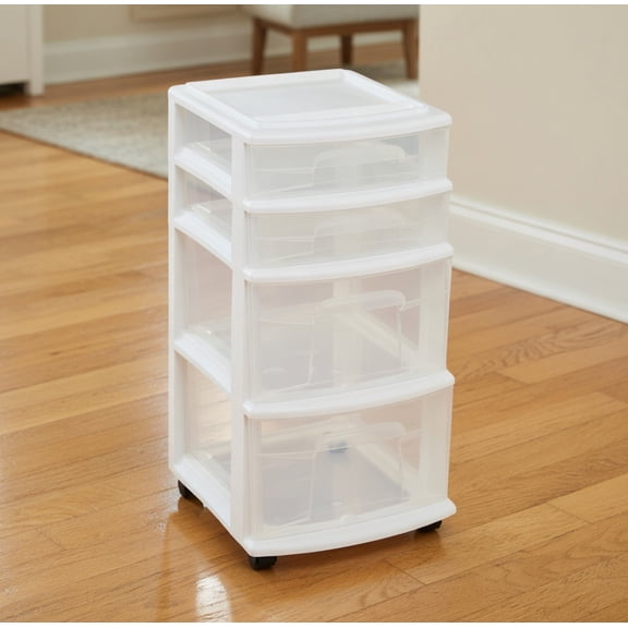 Plastic 4-Drawer Rolling Storage Organizer Cart with Wheels, Clear Drawers for Home and Office Use, White Frame