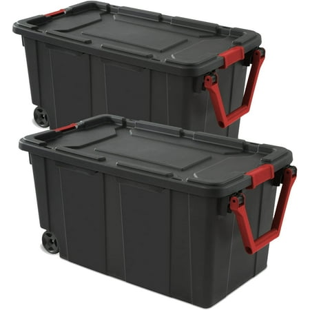 Plastic 40 Gallon Wheeled Industrial Storage Bins, Black, 2 Count Pack