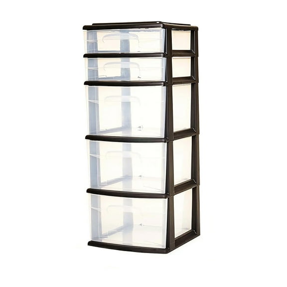 Open Box Plastic 5 Drawer Medium Home Storage Container Tower, Black Frame