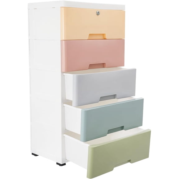 Plastic 5-Drawer Storage Cabinet with Lock & Wheels, Versatile Home Organizer for Bedroom, Living Room & Office