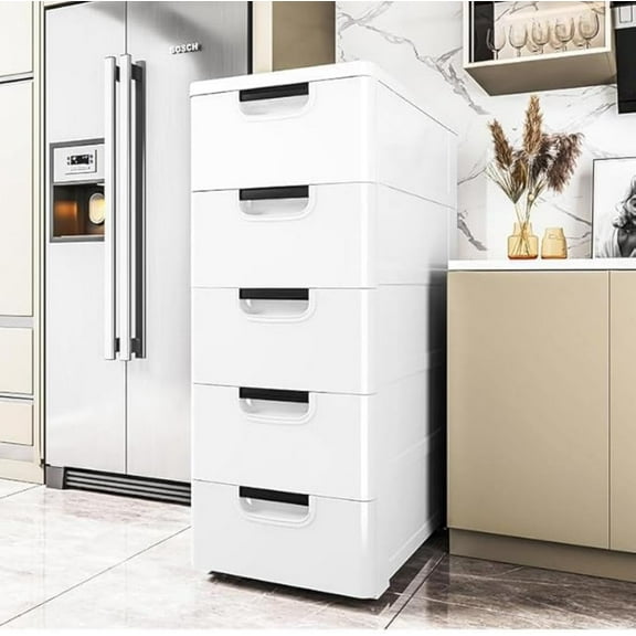 Plastic 5 Drawers Storage Cabinet with Wheels, Stackable Floor Standing Storage Tower Tall Dresser Chest Closet Organizer Unit White for Home Office
