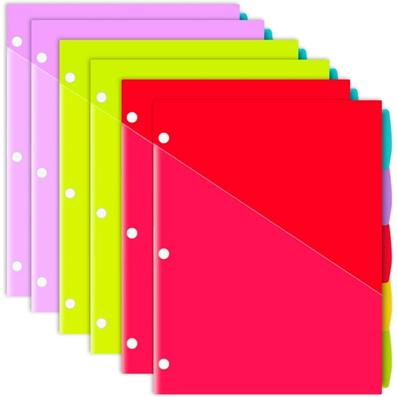Plastic 5-Tab Binder Dividers with 2 Clear Pockets - 6 Sets, 30 pcs Multicolor Pocket Dividers with 3 Holes for 3 Ring Binders,Total 30 Tabs