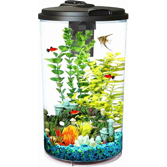 Plastic 6-Gallon 360 Aquarium Kit for Tropical Fish, Betta Fish with LED Lighting and Power Filter Clear, 4-Piece Set