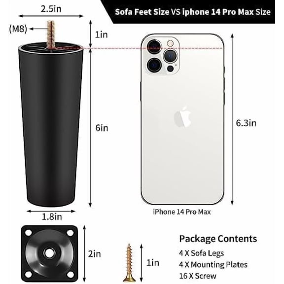 Plastic 6 Inch Furniture Legs, Sofa Legs with M8 Thread Screws, Set of 4 Tapered Couch/Chair/Bed Legs, Replacement Furniture Feet