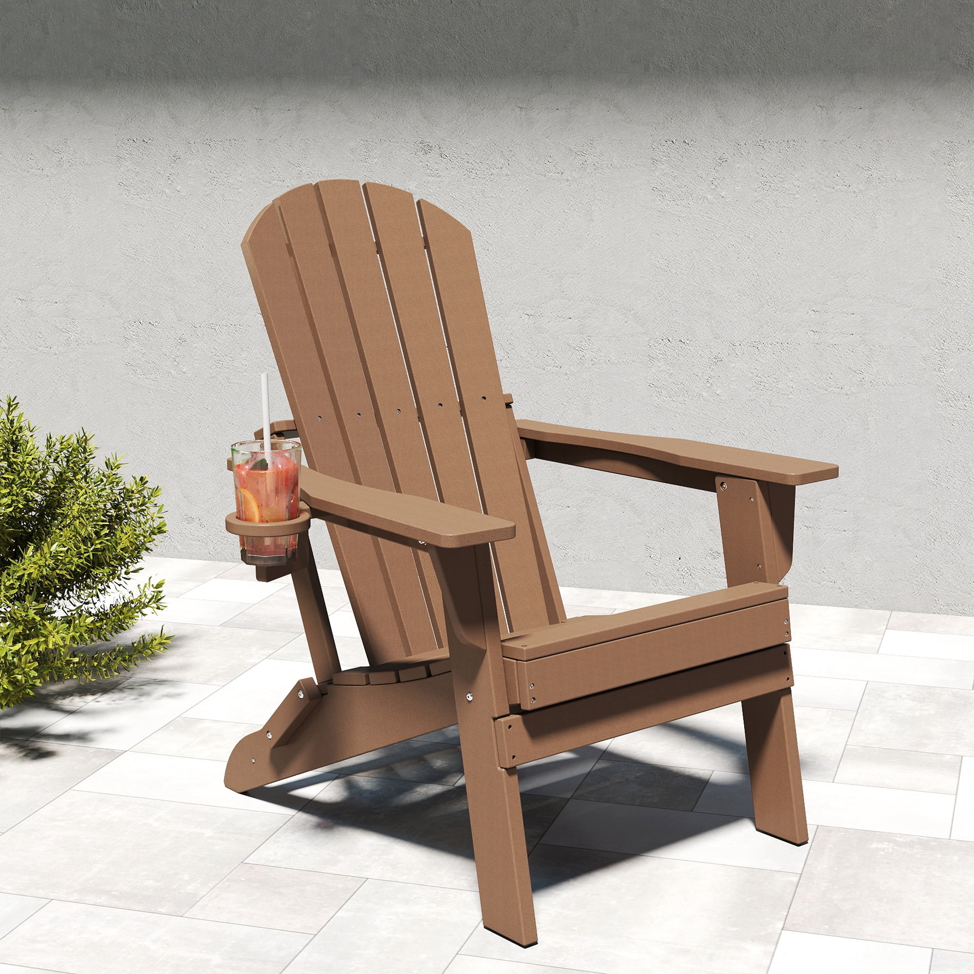 FOOWIN HDPE Folding Adirondack Chair, Fire Pit Chairs with Cup Holder, Brown
