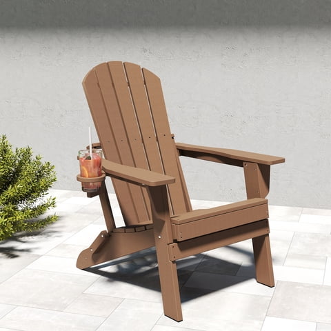 FOOWIN HDPE Folding Adirondack Chair, Fire Pit Chairs with Cup Holder, Brown
