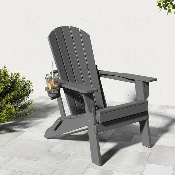 FOOWIN HDPE Folding Adirondack Chair, Fire Pit Chairs with Cup Holder, Grey