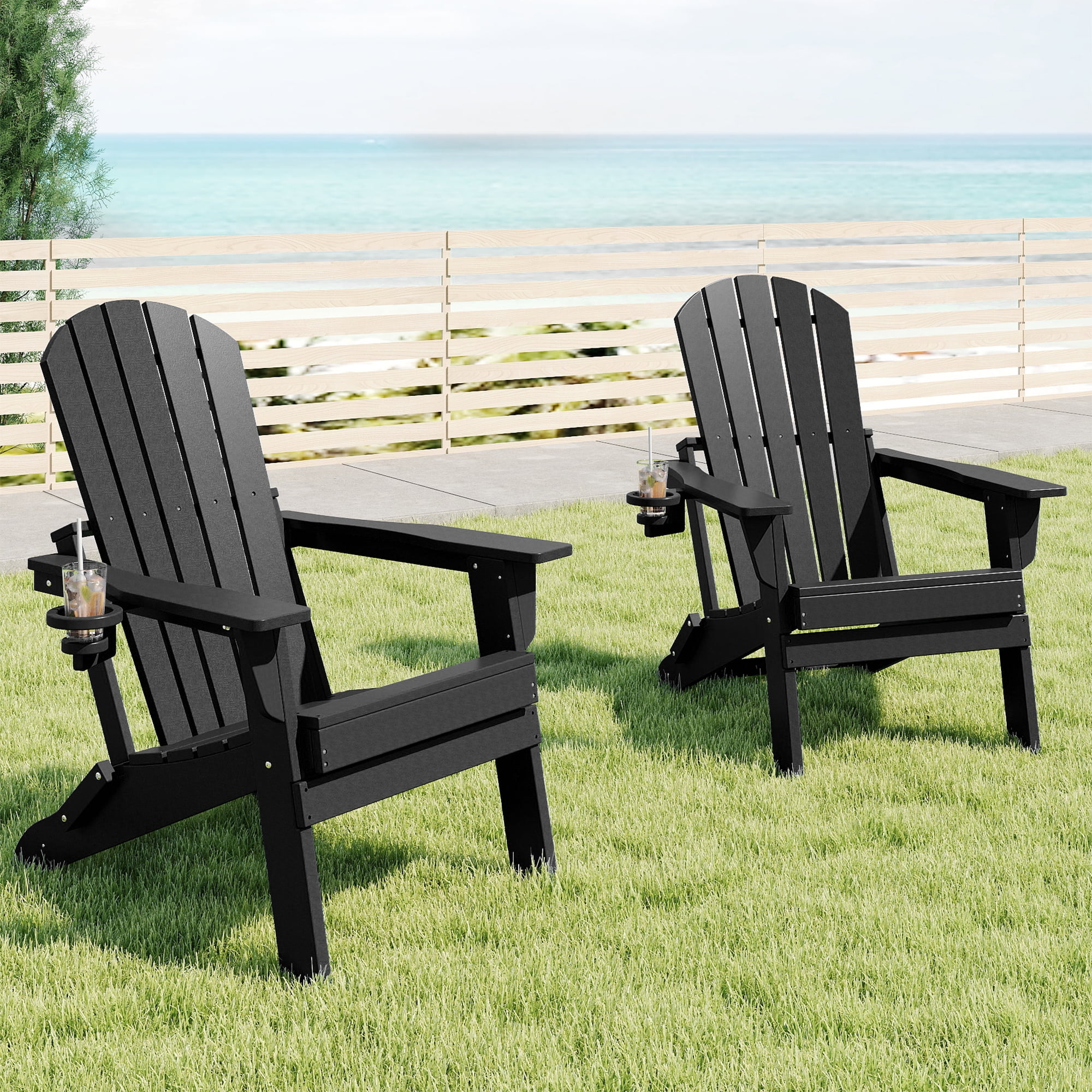 FOOWIN HDPE Folding Adirondack Chair with Cup Holder, Fire Pit Chairs Set of 2, Black