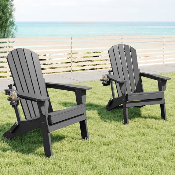 FOOWIN HDPE Folding Adirondack Chair with Cup Holder, Fire Pit Chairs Set of 2, Grey