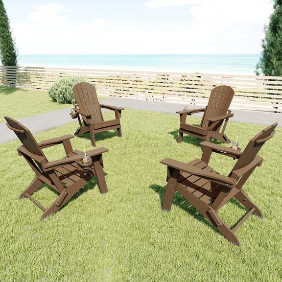 FOOWIN HDPE Folding Adirondack Chair with Cup Holder, Fire Pit Chairs Set of 4, Brown