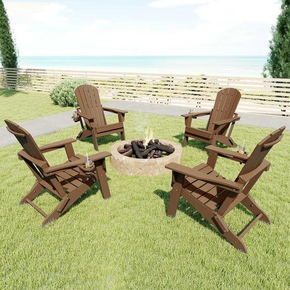 FOOWIN HDPE Folding Adirondack Chair with Cup Holder, Fire Pit Chairs Set of 4, Brown