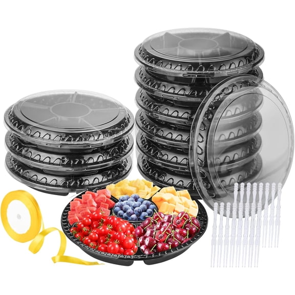 Plastic Appetizer Tray with Lid - Heavy Duty,Recyclable 12 in. Veggie Fruit Snacks Trays Disposable Food Storage Containers,10 Pcs Food Serving Platters for Party and Buffet with 100 Forks