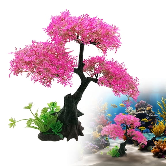 Plastic Aquarium Plants for Fish Tanks, Realistic Cherry Blossom Trees & Green Aquatic Plants, Artificial Underwater Decorations for Natural Fish Environments, 1 Piece, H