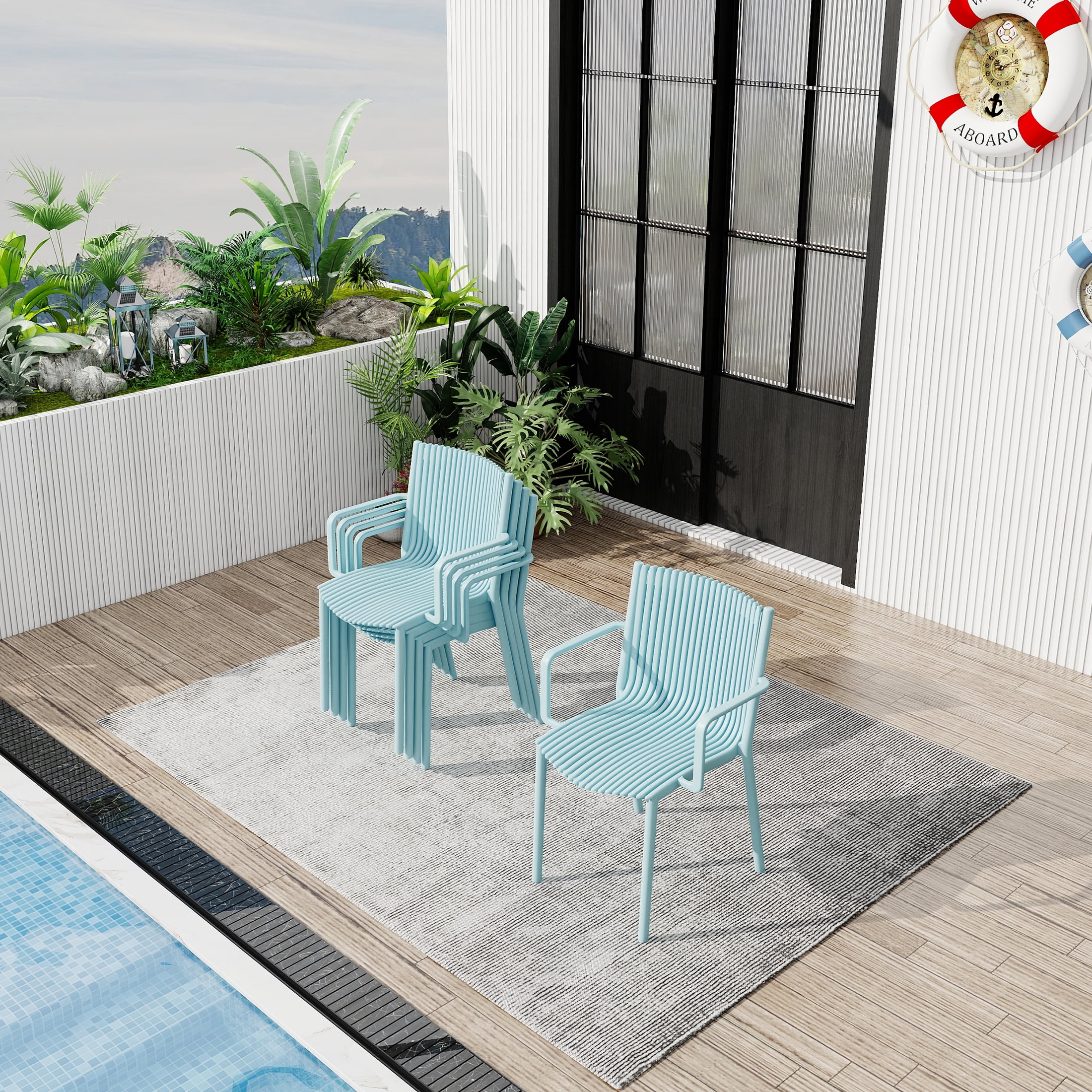 Plastic Armchair, 4 Pack Stackable Ergonomic Chair for Garden Patio Balcony Outdoor Use, Light Blue