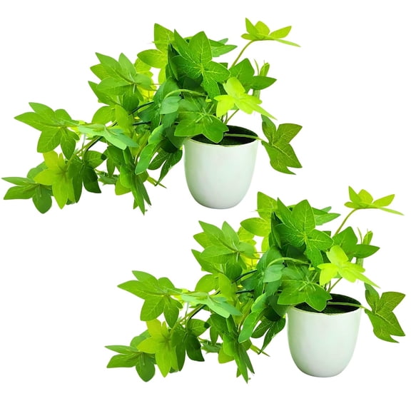 Plastic Artificial Plant Maple Leaves Falling In Pot, Home & Office Dcor Item | For Desk & Wall Shelves, Green & White | Easy To Care, A Perfect Gift Idea | For Living Rooms - 2 Pieces