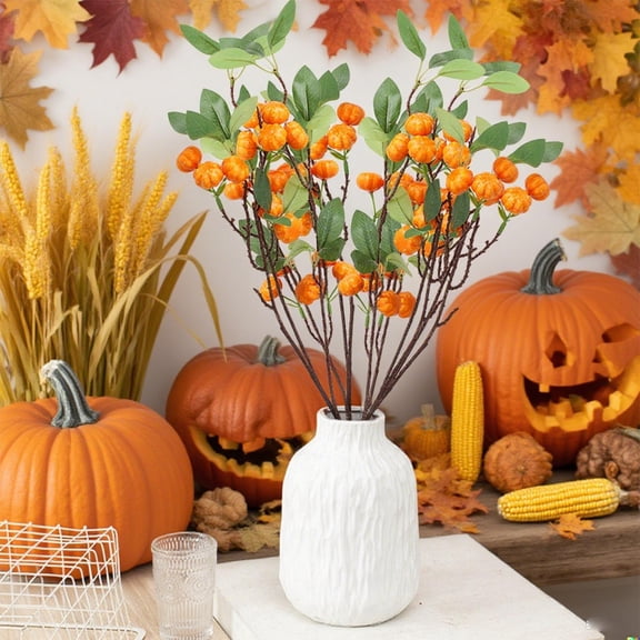 Plastic Artificial Pumpkin Branch 28.7 Inch Fall Maple Leaf Stems Halloween Simulation Floral Arrangement for Vase Decoration, Party Decor, Home Accent, Photography Prop 1 Piece