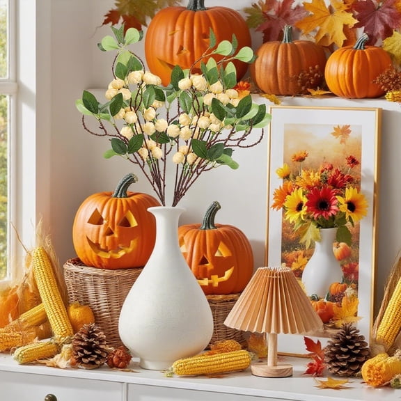 Plastic Artificial Pumpkin Branch 28.7 Inch Fall Maple Leaf Stems Halloween Simulation Floral Arrangement for Vase Decoration, Party Decor, Home Accent, Photography Prop 1 Piece