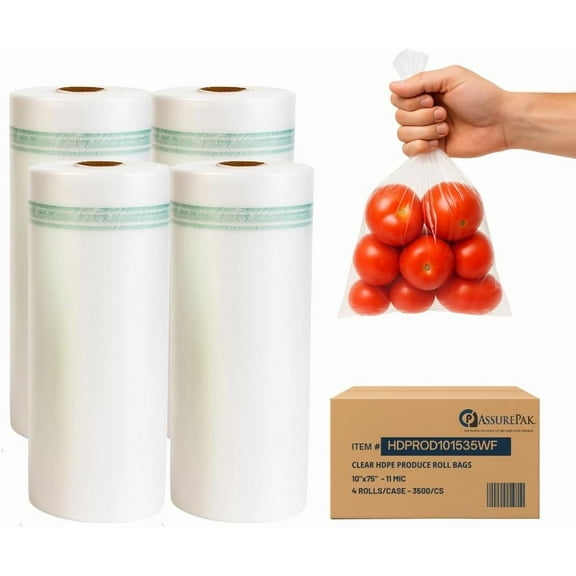 Plastic Bag-Clear HDPE Produce Rolls - 3500 Bags - 10"x15" 11 mic (0.44 mil)